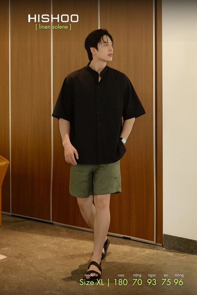 Áo Sơ Mi Nam Đen Relax Form Rộng, Cổ Tàu Tròn, Lai Ngang Linen Solene Vải Mềm Mát HISHOO A1T001