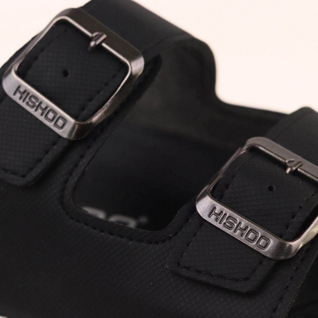 Dép đế trấu birken quai ngang 2 khóa MẶT ĐEN da SAFFIANO Hishoo M093