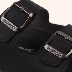Dép đế trấu birken quai ngang 2 khóa MẶT ĐEN da SAFFIANO Hishoo M093