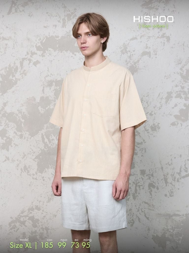 Áo Sơ Mi Nam Kem Relax Form Rộng, Cổ Tàu Vuông, Lai Ngang Linen Solene Vải Mềm Mát HISHOO A1T002