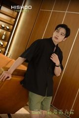 Áo Sơ Mi Nam Đen Relax Form Rộng, Cổ Tàu Tròn, Lai Ngang Linen Solene Vải Mềm Mát HISHOO A1T001
