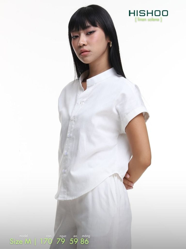 Áo Sơ Mi Nữ Tay Ngắn Relax Form Rộng, Cổ Tàu Vuông, Linen Solene Vải Mềm Mát HISHOO A4G002