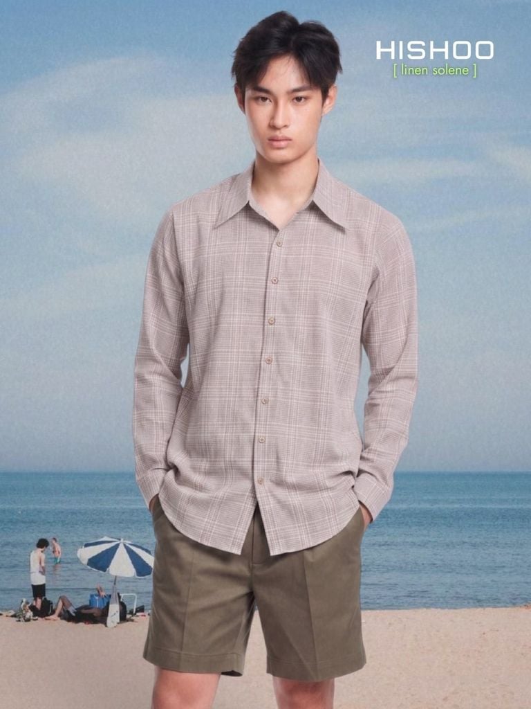 Áo Sơ Mi Caro Nút Gỗ Tay Dài Nam Relax Form Rộng, Cổ Thường, Lai Ngang Linen Solene Vải Mềm Mát HISHOO A2T003