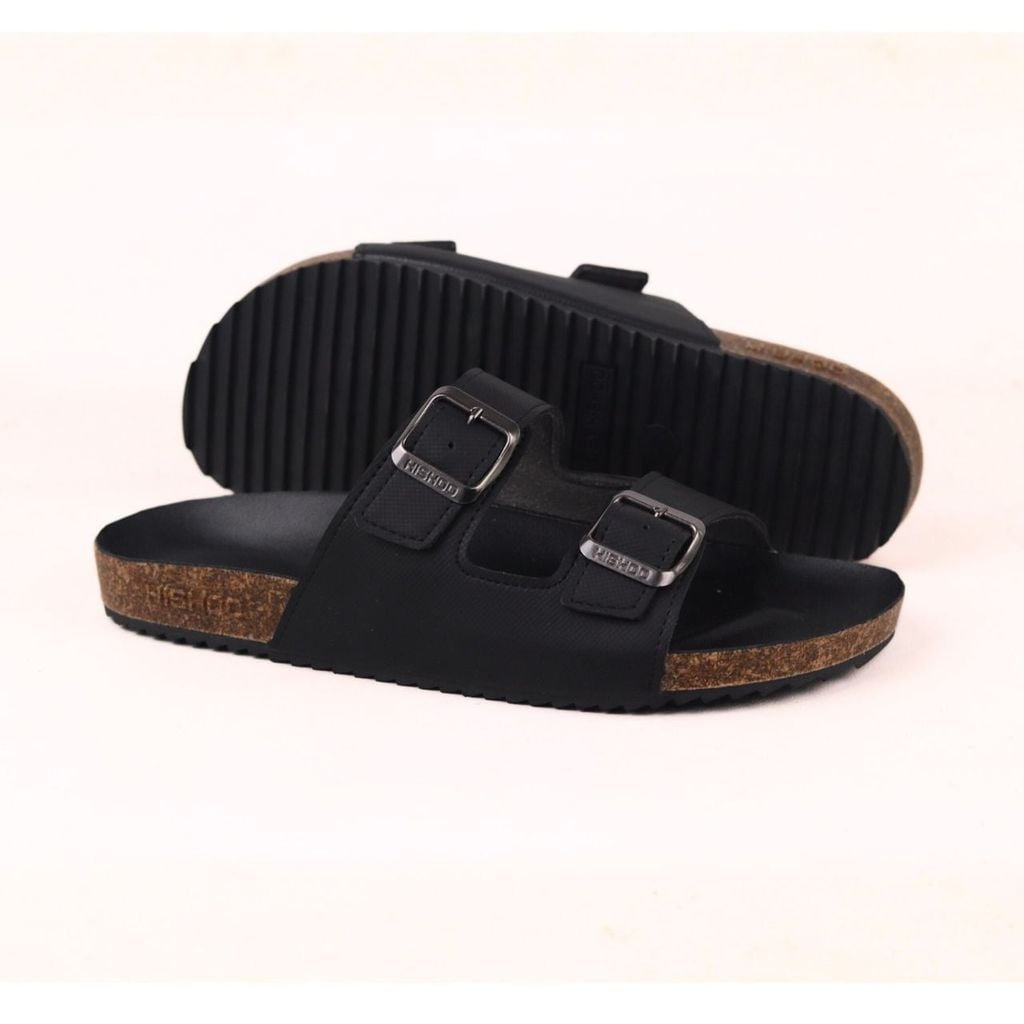 Dép đế trấu birken quai ngang 2 khóa MẶT ĐEN da SAFFIANO Hishoo M093