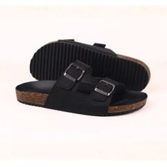 Dép đế trấu birken quai ngang 2 khóa MẶT ĐEN da SAFFIANO Hishoo M093