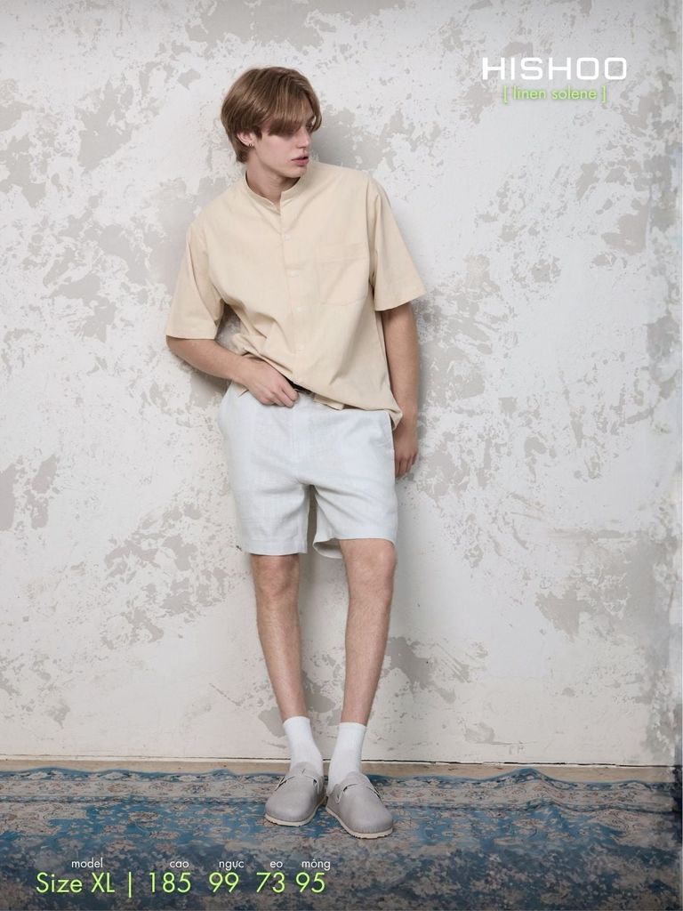 Áo Sơ Mi Nam Kem Relax Form Rộng, Cổ Tàu Vuông, Lai Ngang Linen Solene Vải Mềm Mát HISHOO A1T002