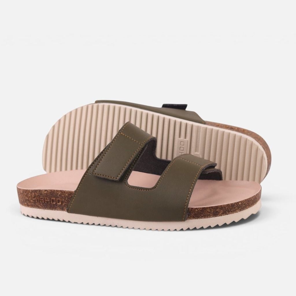 Dép đế trấu birken Xanh Olive quai ngang xé dán premium HISHOO B105