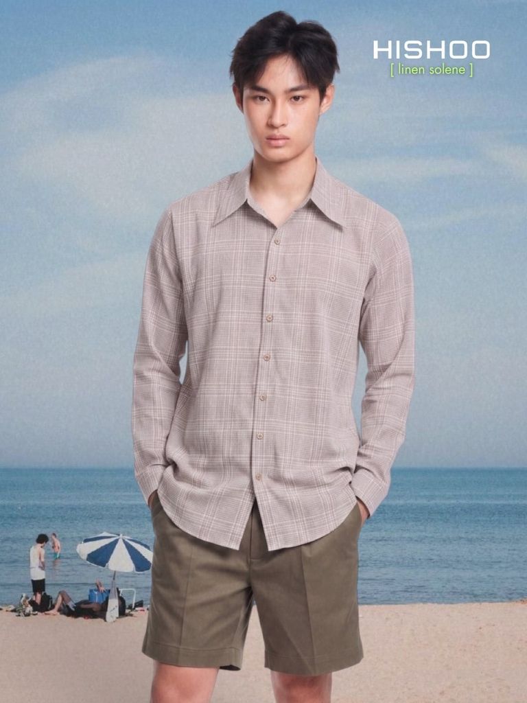 Áo Sơ Mi Caro Nút Gỗ Tay Dài Nam Relax Form Rộng, Cổ Thường, Lai Ngang Linen Solene Vải Mềm Mát HISHOO A2T003