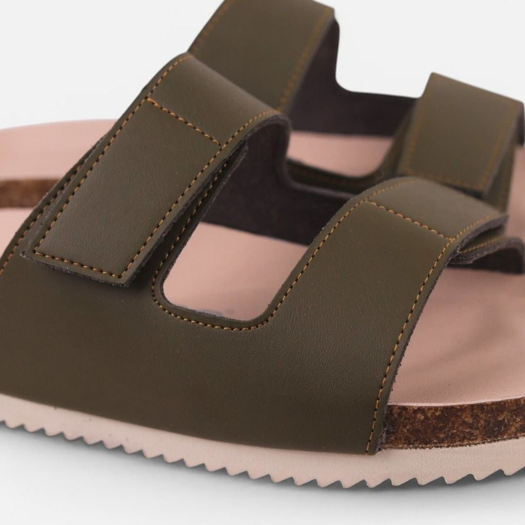 Dép đế trấu birken Xanh Olive quai ngang xé dán premium HISHOO B105