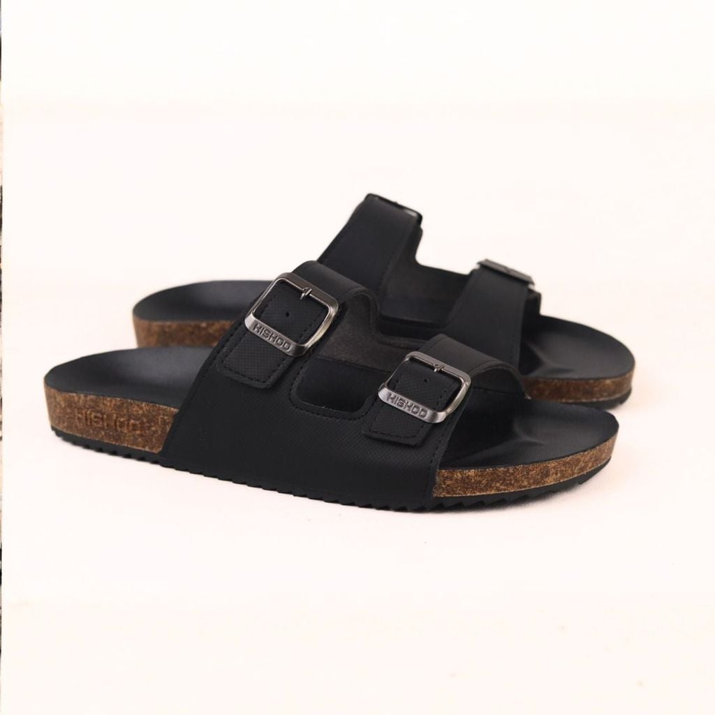 Dép đế trấu birken quai ngang 2 khóa MẶT ĐEN da SAFFIANO Hishoo M093