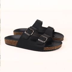 Dép đế trấu birken quai ngang 2 khóa MẶT ĐEN da SAFFIANO Hishoo M093