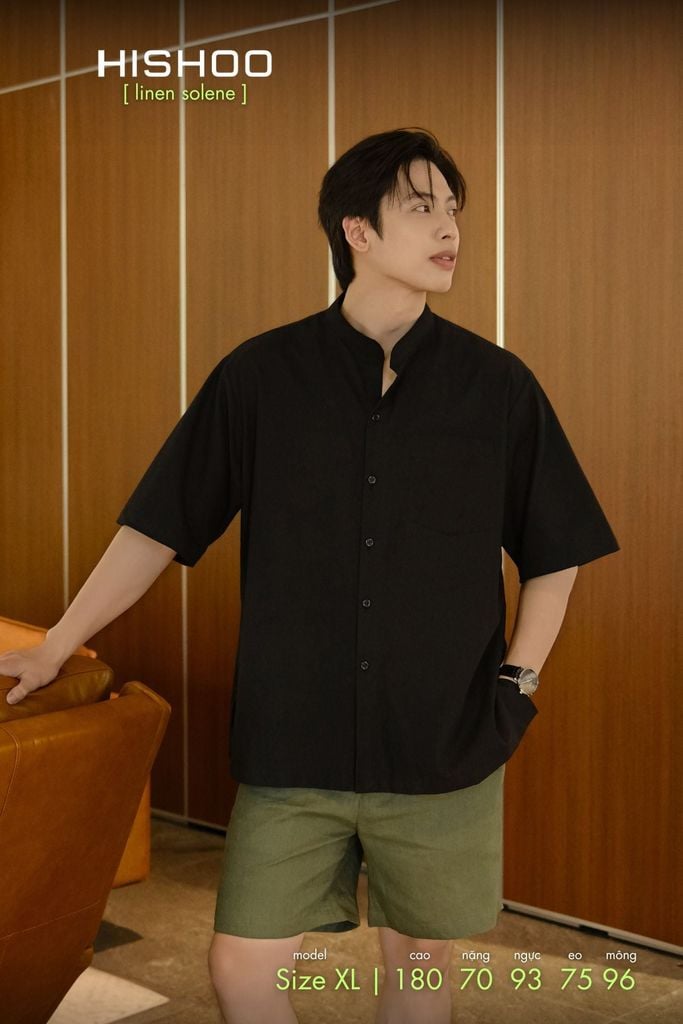 Áo Sơ Mi Nam Đen Relax Form Rộng, Cổ Tàu Tròn, Lai Ngang Linen Solene Vải Mềm Mát HISHOO A1T001
