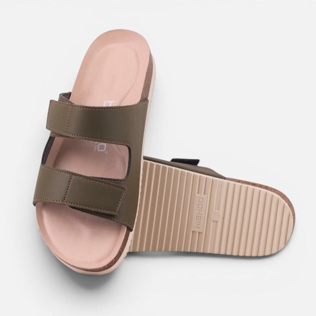 Dép đế trấu birken Xanh Olive quai ngang xé dán premium HISHOO B105