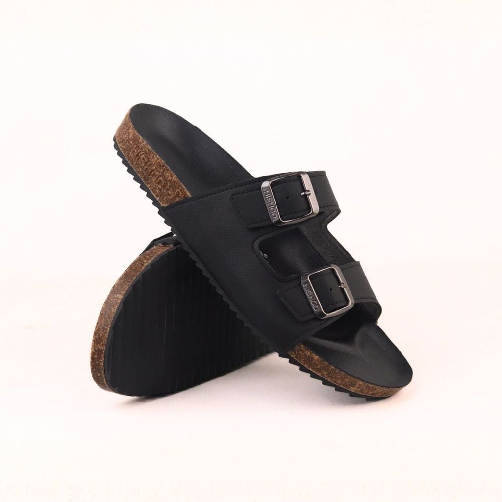 Dép đế trấu birken quai ngang 2 khóa MẶT ĐEN da SAFFIANO Hishoo M093
