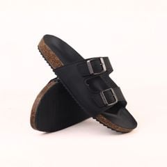 Dép đế trấu birken quai ngang 2 khóa MẶT ĐEN da SAFFIANO Hishoo M093