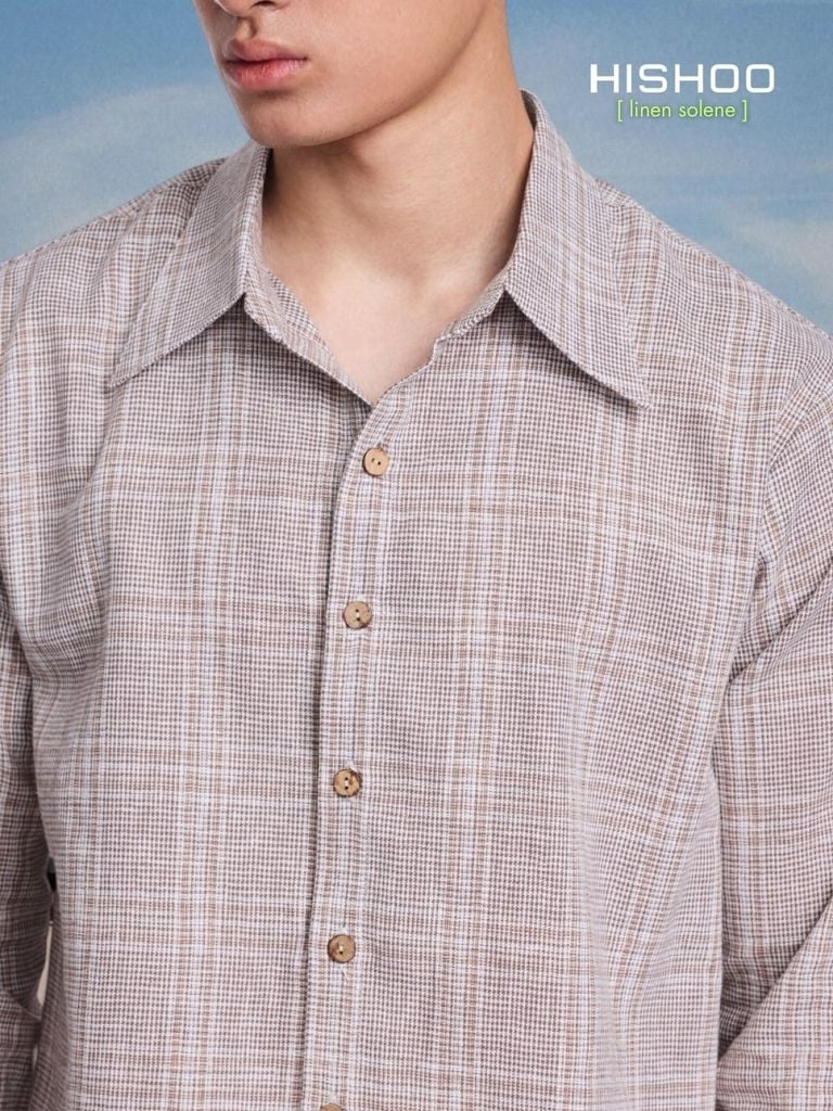 Áo Sơ Mi Caro Nút Gỗ Tay Dài Nam Relax Form Rộng, Cổ Thường, Lai Ngang Linen Solene Vải Mềm Mát HISHOO A2T003