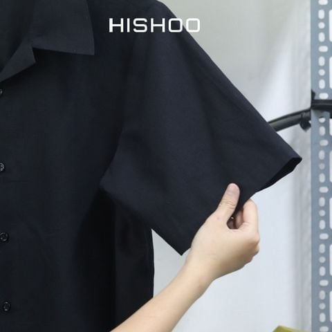 Áo Sơ Mi Nữ Đen Relax Form Rộng, Cổ Danton, Lai Ngang Linen Solene Vải Mềm Mát HISHOO A1G004