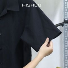 Áo Sơ Mi Nữ Đen Relax Form Rộng, Cổ Danton, Lai Ngang Linen Solene Vải Mềm Mát HISHOO A1G004