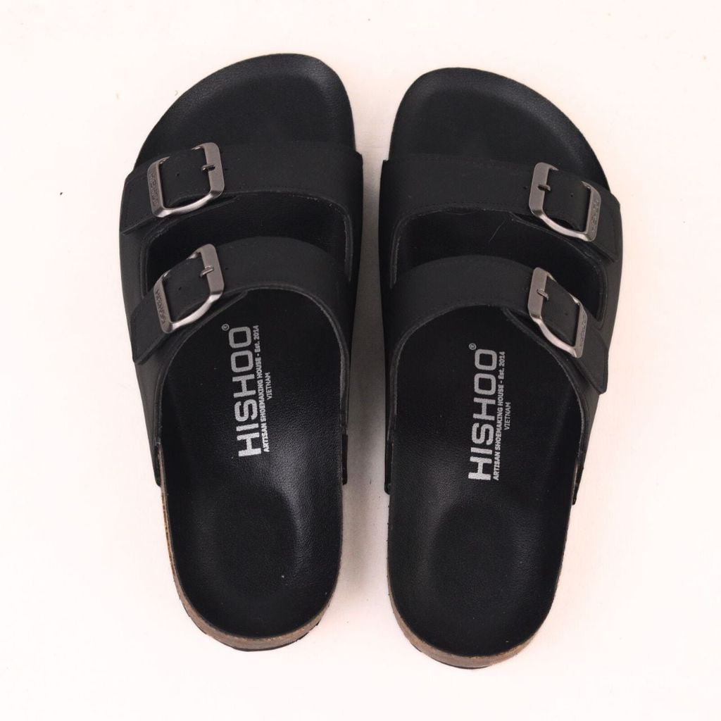 Dép đế trấu birken quai ngang 2 khóa MẶT ĐEN da SAFFIANO Hishoo M093
