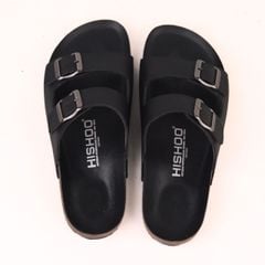 Dép đế trấu birken quai ngang 2 khóa MẶT ĐEN da SAFFIANO Hishoo M093