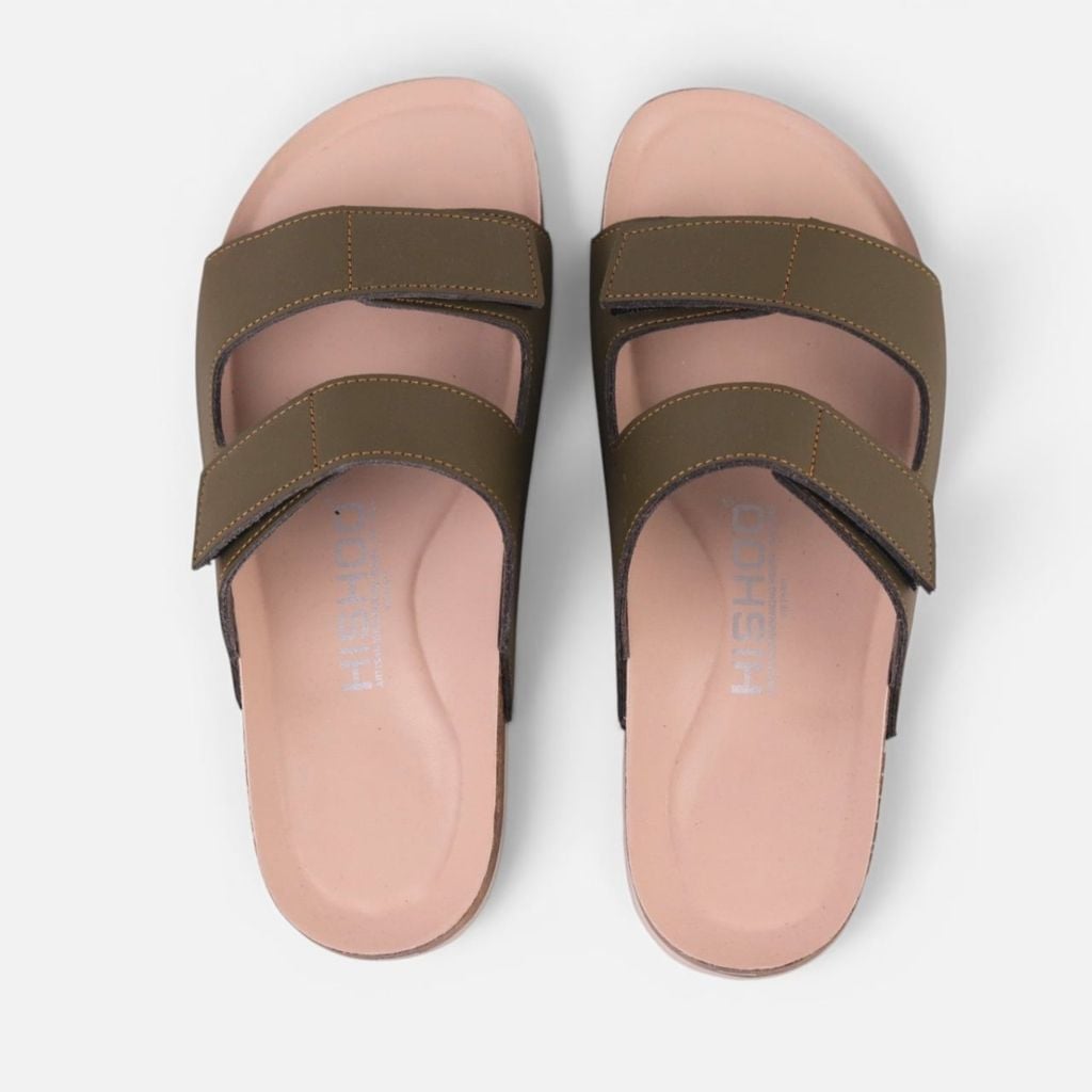 Dép đế trấu birken Xanh Olive quai ngang xé dán premium HISHOO B105