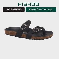 Dép đế trấu birken xỏ ngón MẶT ĐEN da SAFFIANO Hishoo M098