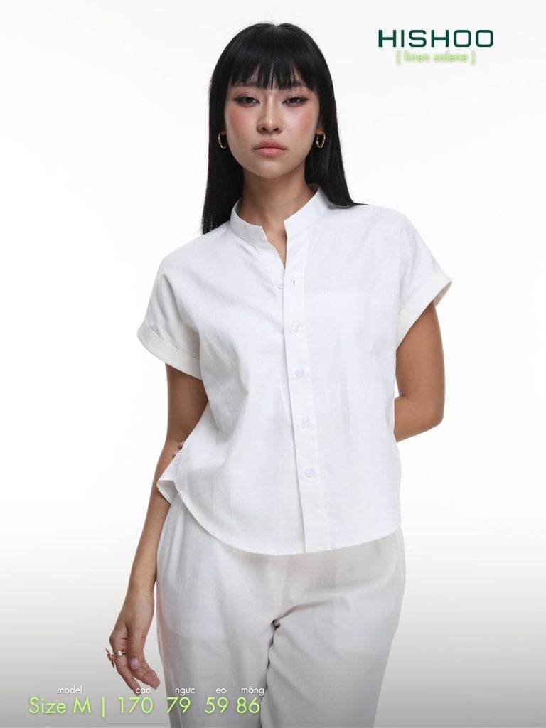 Áo Sơ Mi Nữ Tay Ngắn Relax Form Rộng, Cổ Tàu Vuông, Linen Solene Vải Mềm Mát HISHOO A4G002