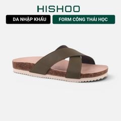 Dép đế trấu birken Xanh Olive quai ngang chéo premium HISHOO B096