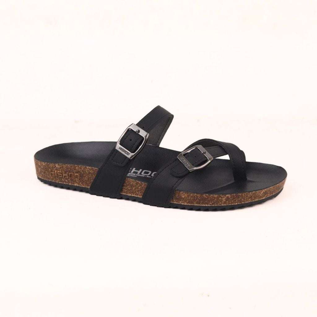Dép đế trấu birken xỏ ngón MẶT ĐEN da SAFFIANO Hishoo M098