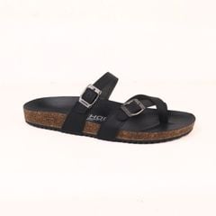 Dép đế trấu birken xỏ ngón MẶT ĐEN da SAFFIANO Hishoo M098