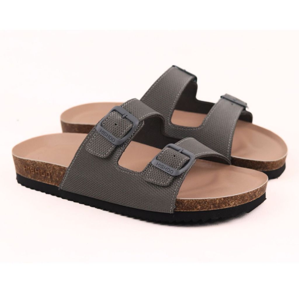Dép đế trấu birken 2 khoá Xám Ghi Saffiano premium HISHOO B093