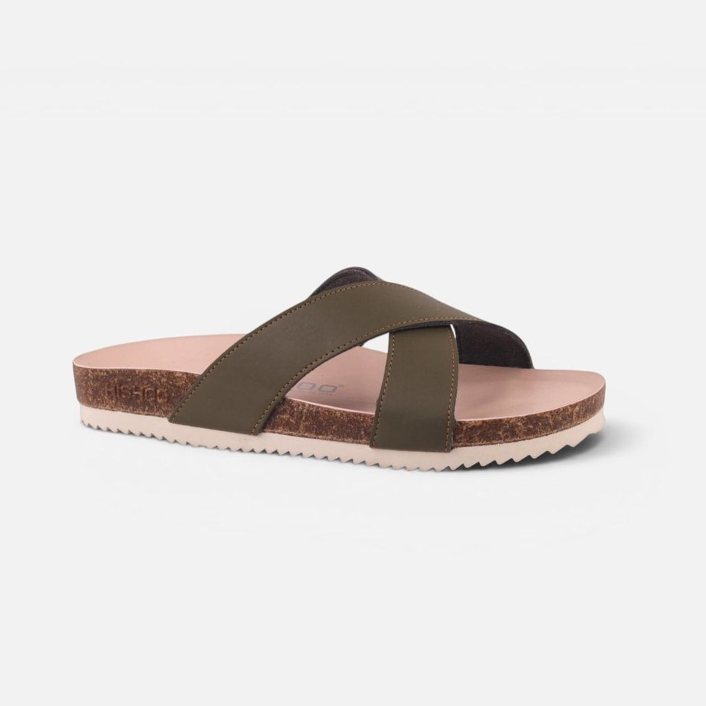 Dép đế trấu birken Xanh Olive quai ngang chéo premium HISHOO B096