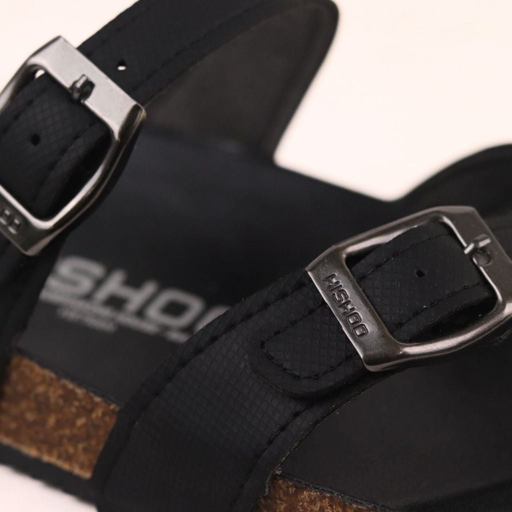 Dép đế trấu birken xỏ ngón MẶT ĐEN da SAFFIANO Hishoo M098