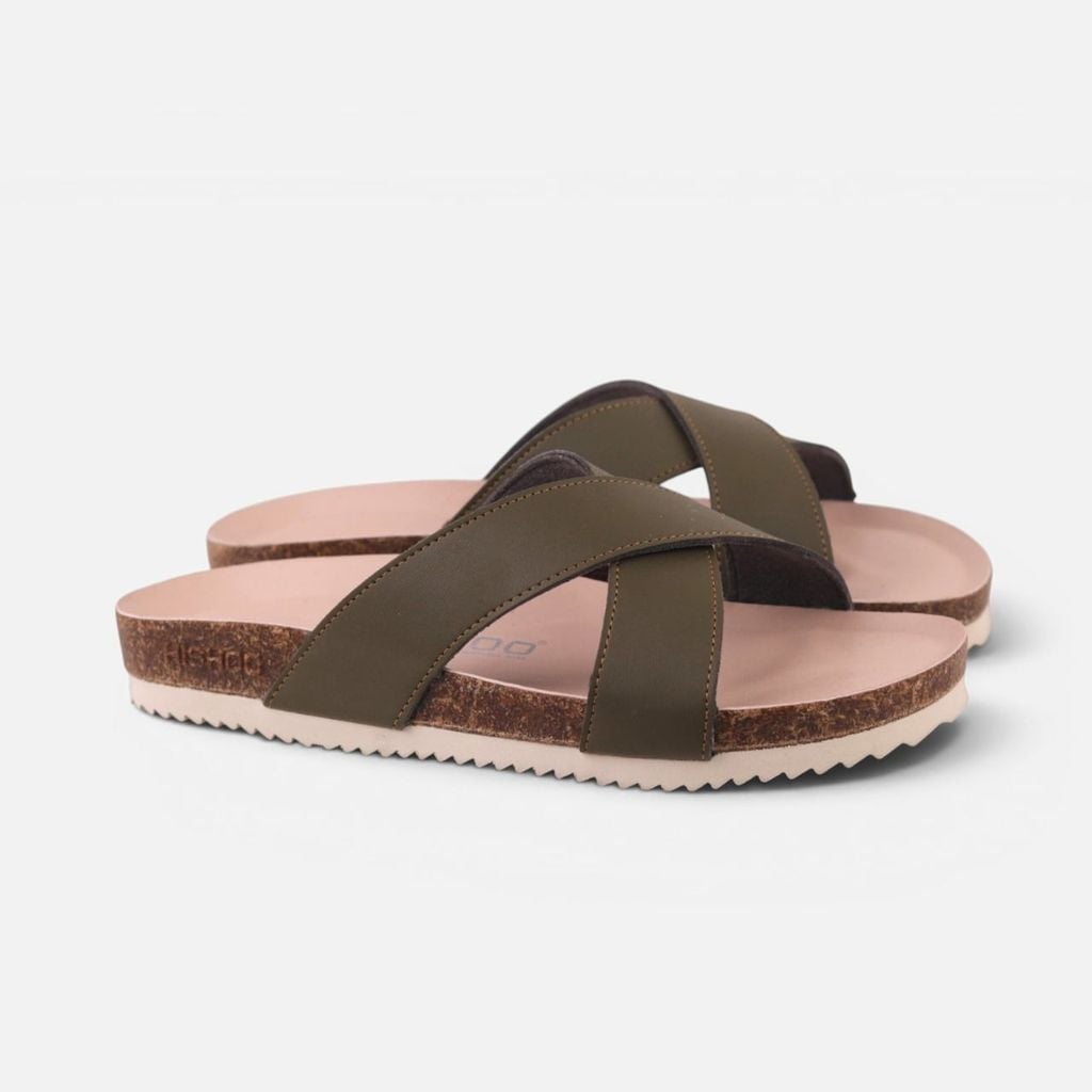 Dép đế trấu birken Xanh Olive quai ngang chéo premium HISHOO B096