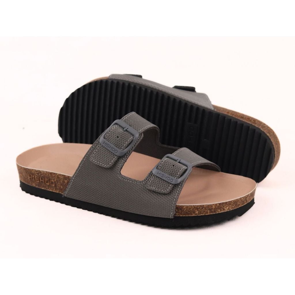 Dép đế trấu birken 2 khoá Xám Ghi Saffiano premium HISHOO B093