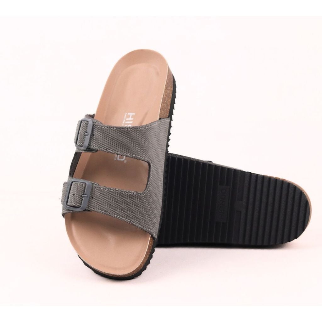 Dép đế trấu birken 2 khoá Xám Ghi Saffiano premium HISHOO B093