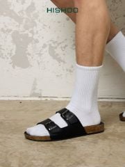 Dép đế trấu birken quai ngang 2 khoá MẶT ĐEN da bò HISHOO M093