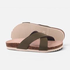 Dép đế trấu birken Xanh Olive quai ngang chéo premium HISHOO B096