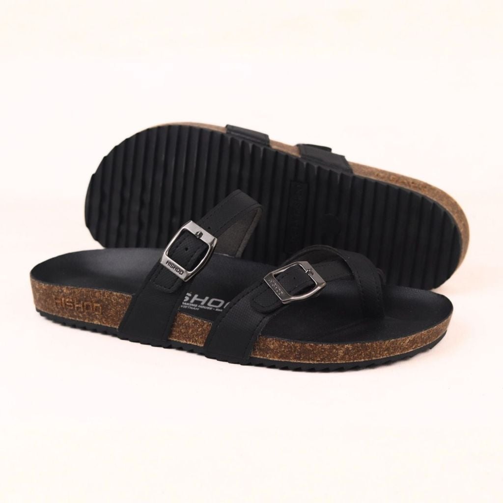 Dép đế trấu birken xỏ ngón MẶT ĐEN da SAFFIANO Hishoo M098
