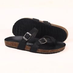 Dép đế trấu birken xỏ ngón MẶT ĐEN da SAFFIANO Hishoo M098