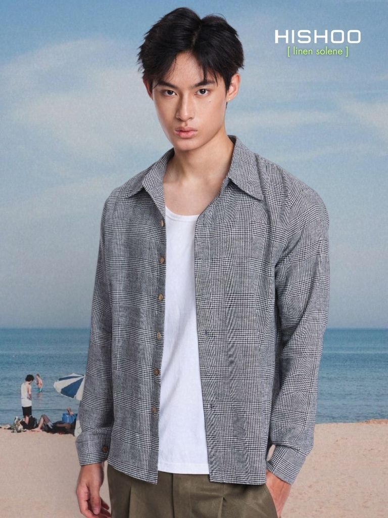 Áo Sơ Mi Caro Nút Gỗ Tay Dài Nam Relax Form Rộng, Cổ Thường, Lai Ngang Linen Solene Vải Mềm Mát HISHOO A2T003