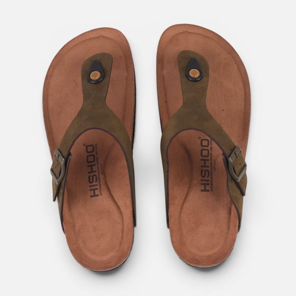 Dép đế trấu birken quai ngang xỏ ngón da lộn premium HISHOO H116