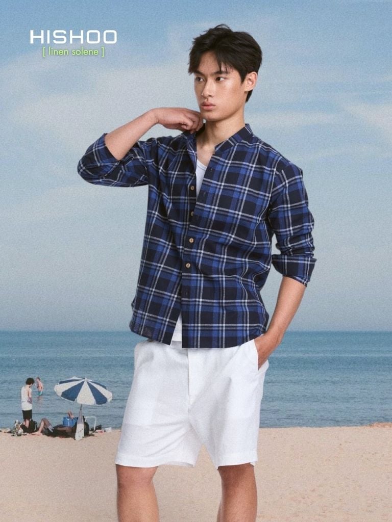 Áo Sơ Mi Caro Nút Gỗ Tay Dài Nam Relax Form Rộng, Cổ Tàu Vuông, Lai Ngang Linen Solene Vải Mềm Mát HISHOO A2T002