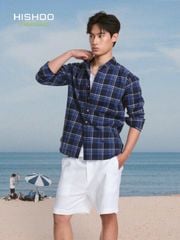 Áo Sơ Mi Caro Nút Gỗ Tay Dài Nam Relax Form Rộng, Cổ Tàu Vuông, Lai Ngang Linen Solene Vải Mềm Mát HISHOO A2T002