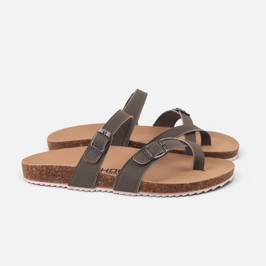 Dép đế trấu Birken Rêu quai ngang xỏ ngón da bò HISHOO M098