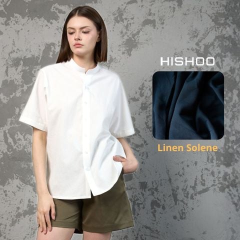 Áo Sơ Mi Nữ Trắng Relax Form Rộng, Cổ Tàu Vuông, Lai Ngang Linen Solene Vải Mềm Mát HISHOO A1G002