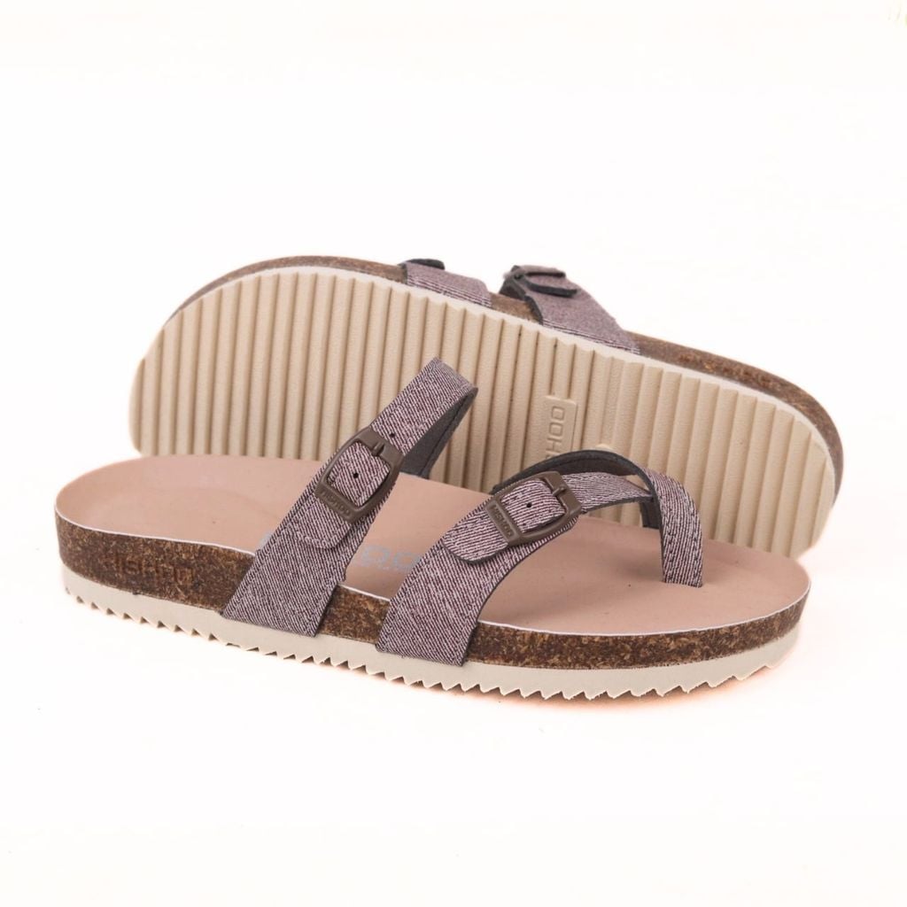 Dép đế trấu birken Xỏ Ngón Nâu Demin Khóa Nâu Premium HISHOO B098