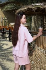 Áo Sơ Mi Nữ Hồng Relax Form Rộng, Cổ Thường, Lai Ngang Linen Solene Vải Mềm Mát HISHOO A1G003