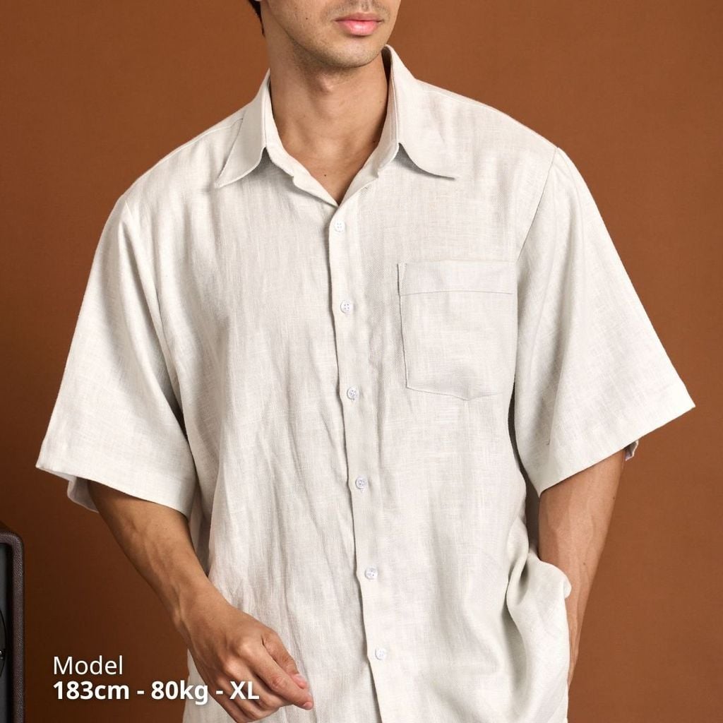 Áo Sơ Mi Nam Relax Form Rộng, Cổ Thường, Lai Ngang Linen Solene Vải Mềm Mát HISHOO A1T003