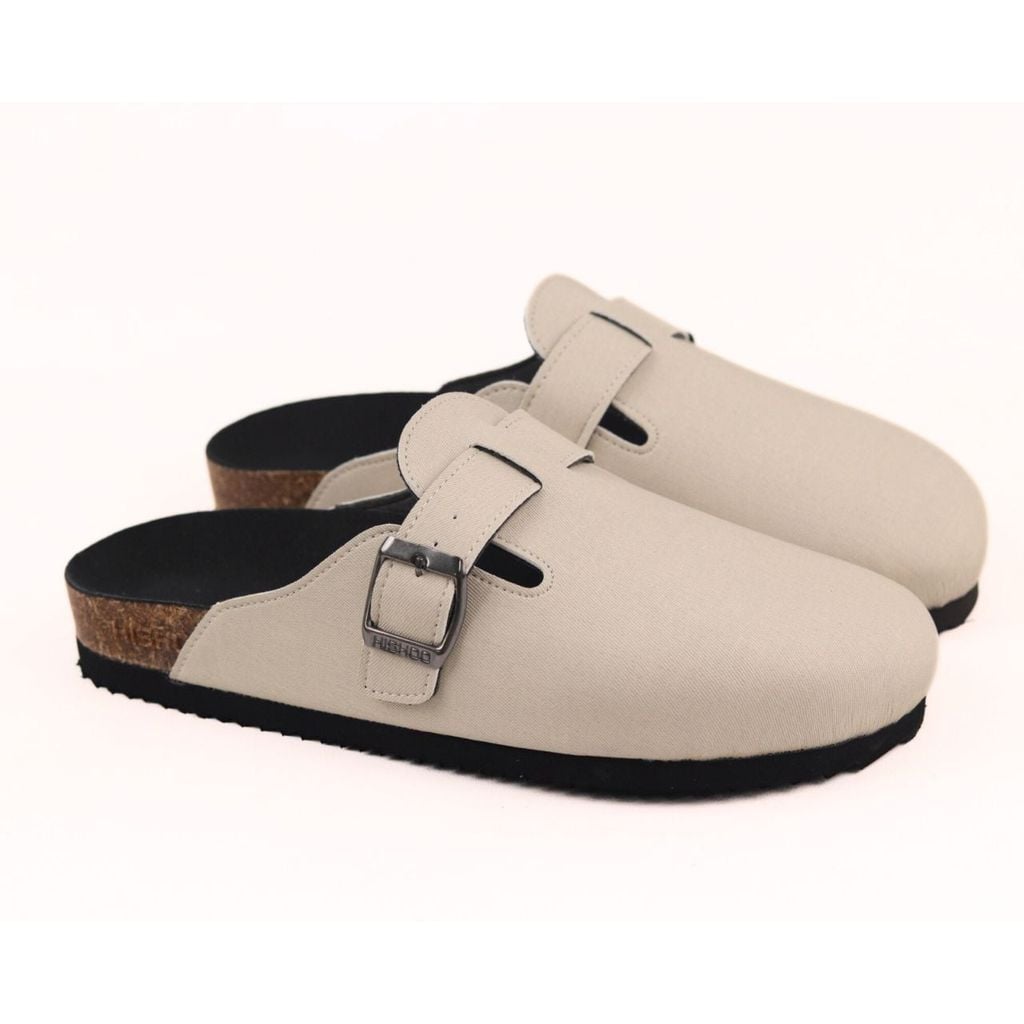Dép đế trấu sục Boston quai ngang Kem da saffiano  HISHOO R109